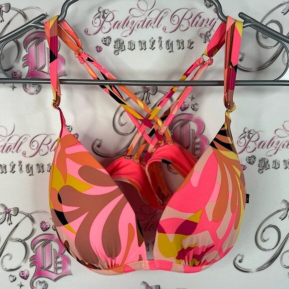 La vie en rose aqua bikini top Colorful Vibrant Pink and Orange Strappy Bra - Picture 1 of 9